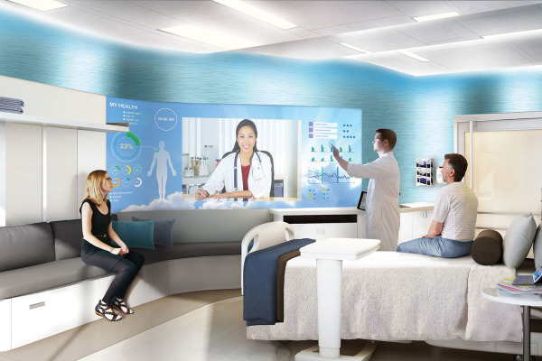 Concept patient room configured for a clinical consult