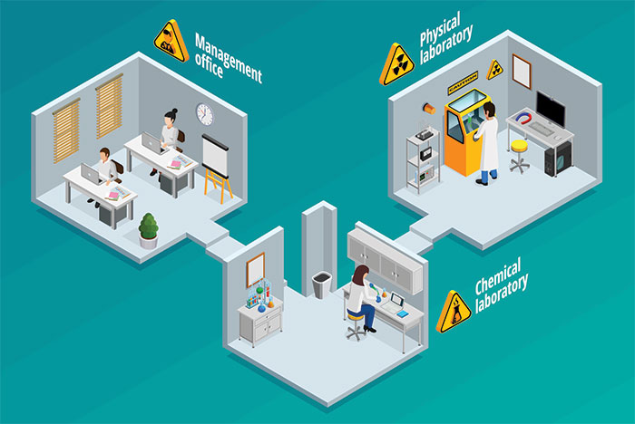 illustration of connected hospital offices and labs