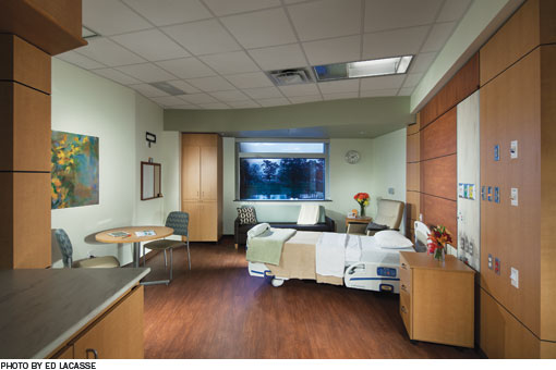 Patient's room in the hospital.  Pale pastel green walls surround a modern hospital room