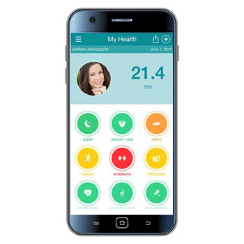 Smart Phone screen with a patient's body mass index, photo, and other buttons