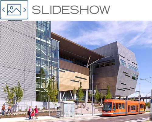 Collaborative Life Sciences Building exterior simulation center slideshow