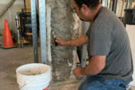 Jaime Almeida applies Universal Fireproofing Patch to damaged fireproofing on a steel beam at MidState Medical Center. 