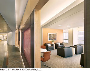 This family waiting area is designed to provide privacy from the facility's main corridors.