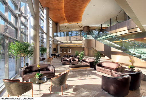 Sunny interior of a hospital concourse.  Large windows, high ceilings, and an escalator surround comfortable leather couches and chairs