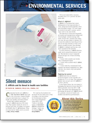 Image of article from magazine.  Closeup of hands in blue gloves spraying and wiping a surface.