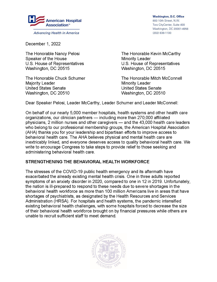 AHA Letter to Congress on Year-End Behavioral Health Priorities | HFM ...