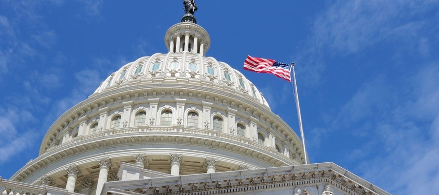Capitol with flag and blue sky