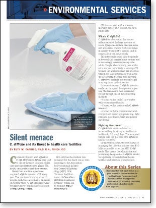 Image of article from magazine. Closeup of hands in blue gloves spraying and wiping a surface.