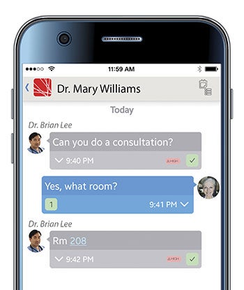 Close-up of a smart phone screen. A doctor has typed