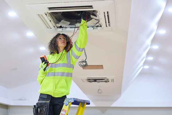 Maintenance worker inspecting HVAC system 