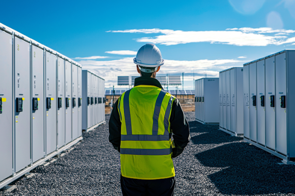 Technician looking over lithium ion battery storage 