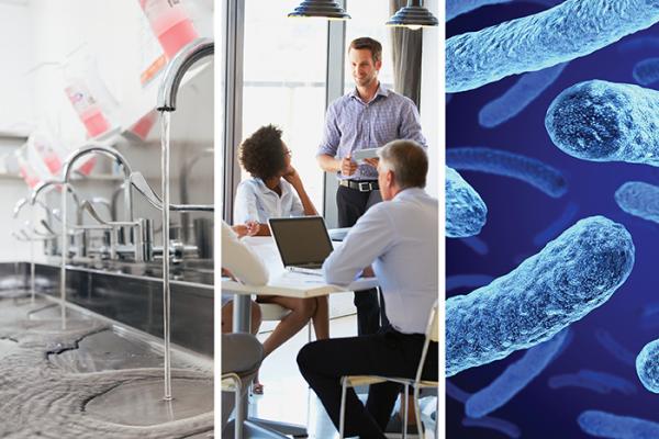 Graphic of three pictures side by side: Hospital sink, people in meeting, virus under microscope