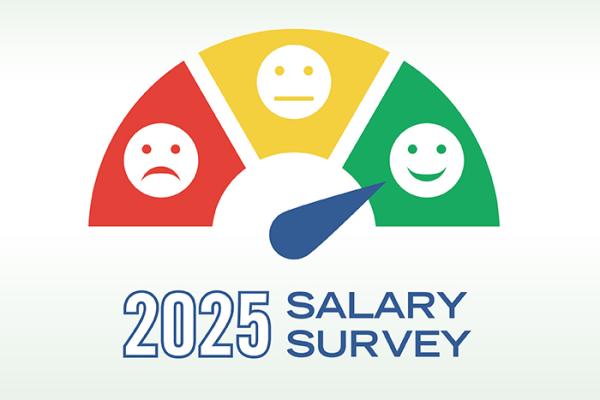 2025 Salary Survey graphic with red block and sad face, yellow block with neutral face, and green block with smiley face and dial pointed to smiley face