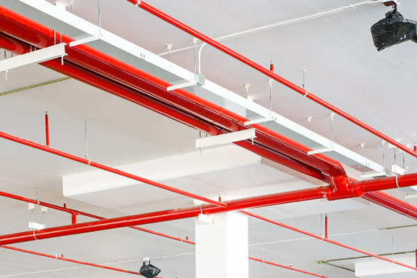 Red pipe sprinkler system in unfinished space