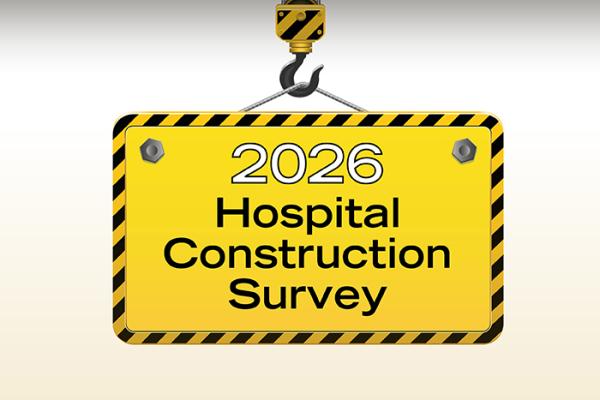 The "2026 Hospital Construction Survey" title overlayed onto a yellow construction zone sign
