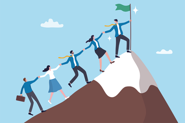 Illustration of employees linked hand in hand climbing up a mountaintop