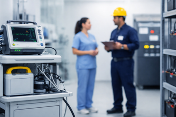 Facilities technician talking to clinician