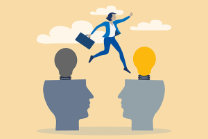 Graphic of woman jumping from outline of head with non-illuminated lightbulb to illuminated lightbulb