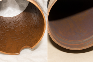 Pipes showing before and after water treatment at Hopkins