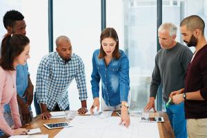 Colleagues looking at building plans