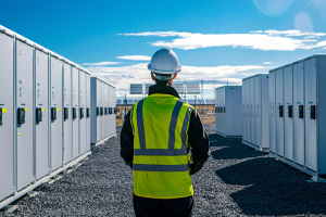 Technician looking over lithium ion battery storage 