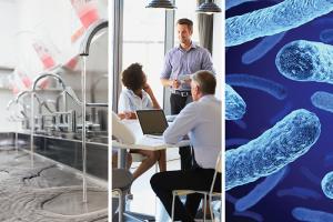 Graphic of three pictures side by side: Hospital sink, people in meeting, virus under microscope