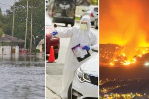 Graphic of three side by side images displaying natural disasters: Flood, pandemic and wildfire
