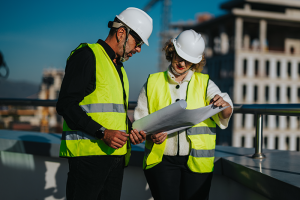 Two people in construction gear reviewing plans
