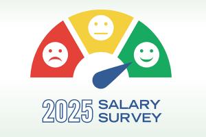 2025 Salary Survey graphic with red block and sad face, yellow block with neutral face, and green block with smiley face and dial pointed to smiley face