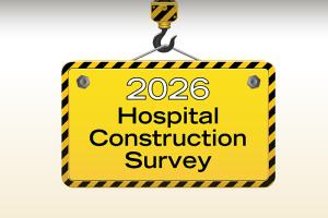 The "2026 Hospital Construction Survey" title overlayed onto a yellow construction zone sign