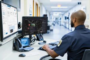 Staged image of security guard using computer to examine C-Cure IQ video surveillance software