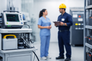Facilities technician talking to clinician