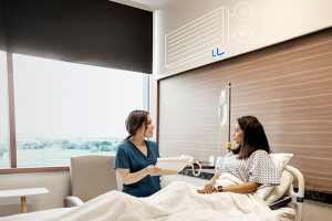 Clinician talking to patient at bedside